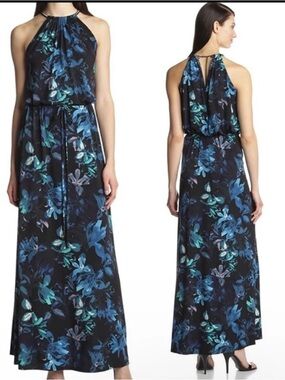 Vince Camuto Sleeveless Black Floral Halter Maxi Dress